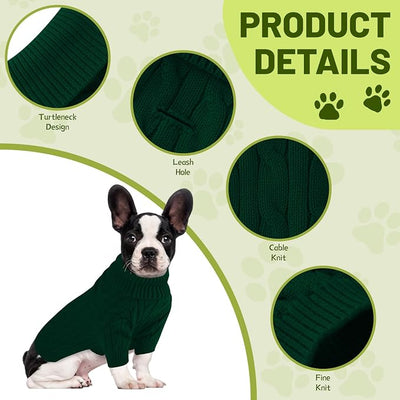 Small Dog Thermal Pullover Sweater, Classic Turtleneck Cable Knitwear Dog Clothes for Cold Weather Warm Pet Clothes for Chihuahua, Bulldog, Dachshund, Pug Green X-Large