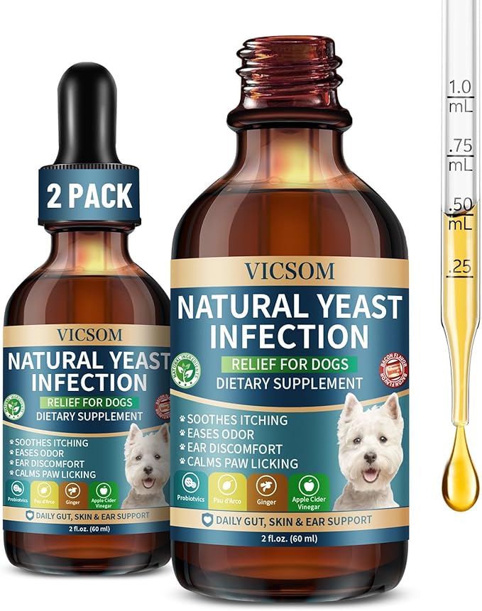 Natural Dog Yeast Infection Treatment for Dogs, 2 Pack Itchy Skin & Ear Treatment Natural Support Allergy Relief, Dog Yeast Infection Relief, Irritation, Itching & Inflammation, 60ml x2