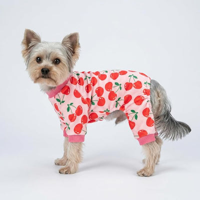 Fitwarm Cute Cherry Dog Pajamas, Warm Dog Onesie with Feet, Dog Clothes for Small Dogs Girl, Fleece Pet Outfit, Pink, Red, XXL