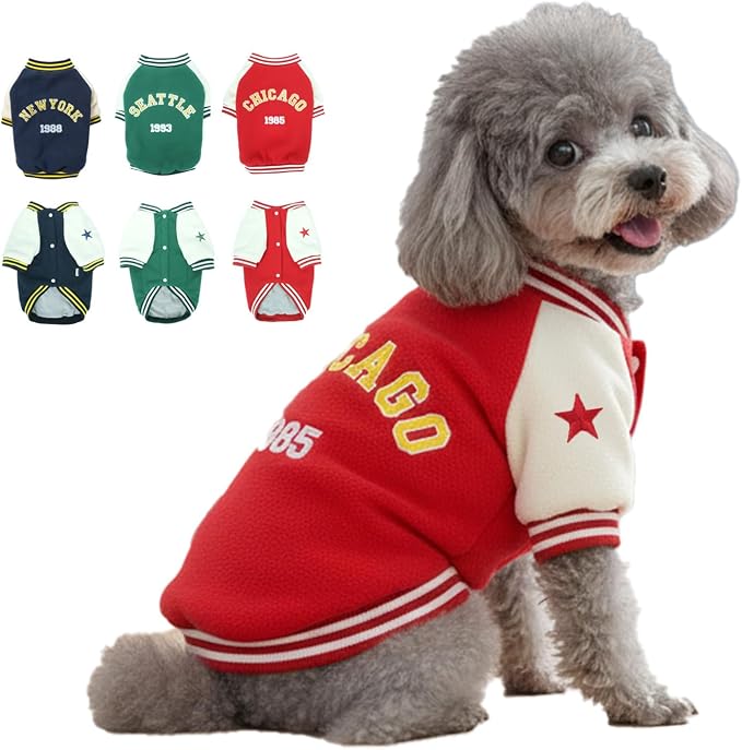 Medium Dog Heavyweight Fleece Varsity Jackets for Cold Days, Stylish Pet Coat for Boy and Girl Puppies, Winter Wear for Cats & Dogs, Male and Female Pet Baseball Uniform, Red Pup Outfits, M