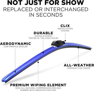 Clix Wipers - 20" Blue Automotive Replacement Wiper Blade (Pack of 1) Universal Clip On All-Weather Flex Frame Windshield Wiper