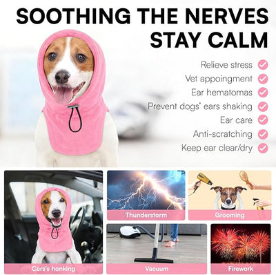 Dog Calming Hoodie Pet Ear Cover, Adjustable Headband for Small Medium Large Dogs, Pet Muffs Head Wraps for Grooming Firework Thunderstorms, Pink XL