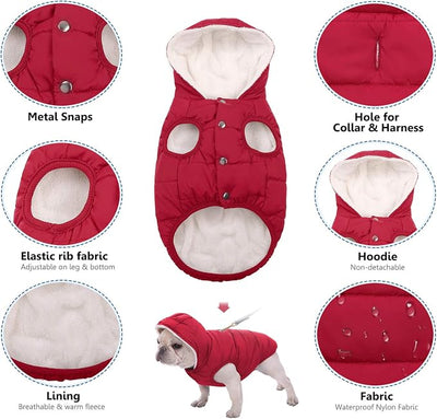 SAWMONG Waterproof Dog Winter Coat, Warm Fleece Lined Dog Jacket with Hood, Windproof Puppy Coat, Pet Apparel Vest Outdoor&Indoor Winter Activities(Red,L)