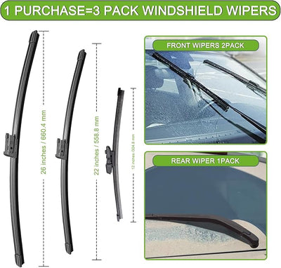 PARRATI® Windshield Wiper Blades for Volkswagen Atlas 2018-2023, 3 Pack | 26/22 Inch Front +12 Inch Rear, OEM Replacement, Ultra Quiet, No Streaks All Weather Wiping