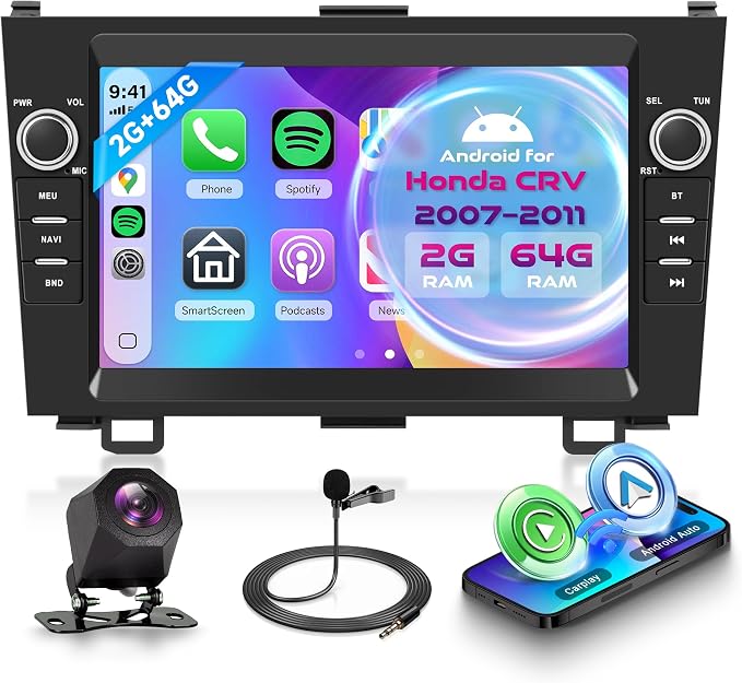 Android Car Stereo for Honda CRV 2007-2011 with Wireless CarPlay Android Auto, 2G+64G 8” Touchscreen Car Radio Mirror Link GPS Navigation WiFi Bluetooth FM RDS EQ SWC Backup Camera