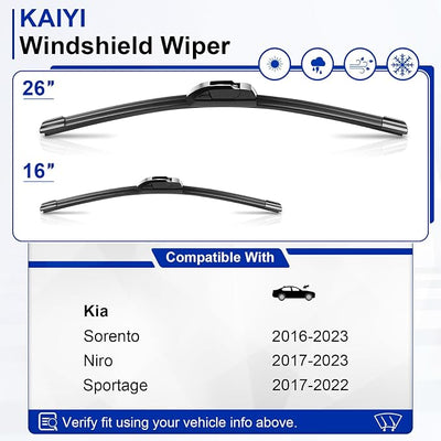KAIYI 26" + 16" Windshield Wipers Compatible with Kia Sorento 2016-2023,Niro 2017-2023,Sportage 2017-2022 Premium Automotive Replacement Windshield Wiper Blades 2 Pack