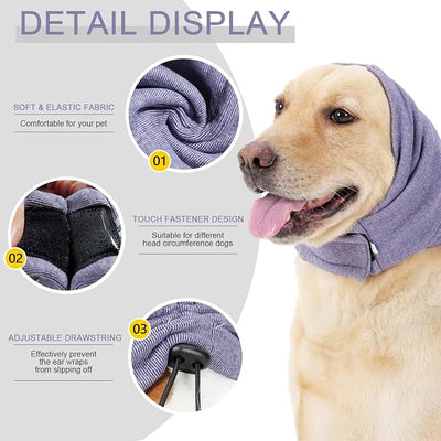 Ear Muffs for Dogs,Calming Hoodie Thunder Head Wrap,No Shake Anxiety Relief Pet Covers Ear Noise Protection Vest for Dogs for Fireworks,Vet Visits,Bathing(Purple,L)