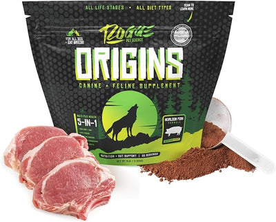 ROGUE PET SCIENCE Origins 5-in-1 Dog Supplement - Powdered Food Topper w/Natural Heirloom Pork Protein- Supports Healthy Digestion, Skin, and Coat - Helps Reduce Itching & Joint Inflammation (2 lbs)