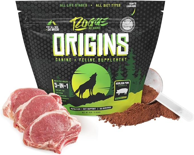 Origins 5-in-1 Dog Supplement - Powdered Food Topper w/Natural Heirloom Pork Protein- Supports Healthy Digestion, Skin, and Coat - Helps Reduce Itching & Joint Inflammation (2 lbs)