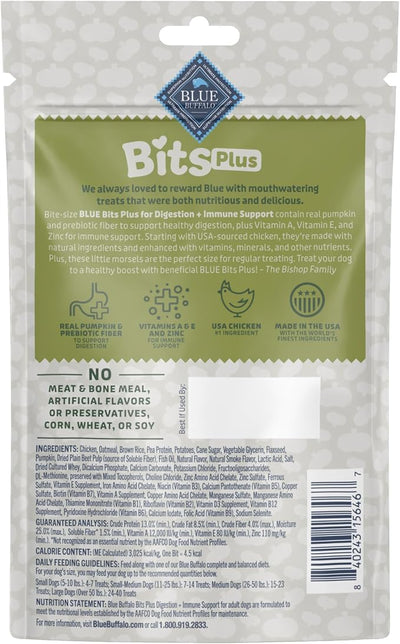 Blue Buffalo Blue Bits Plus Digestion and Immune Support Daily Benefit Dog Treats, Soft & Chewy Chicken and Pumpkin Morsels, 3.5-oz. Bag (Pack of 6)
