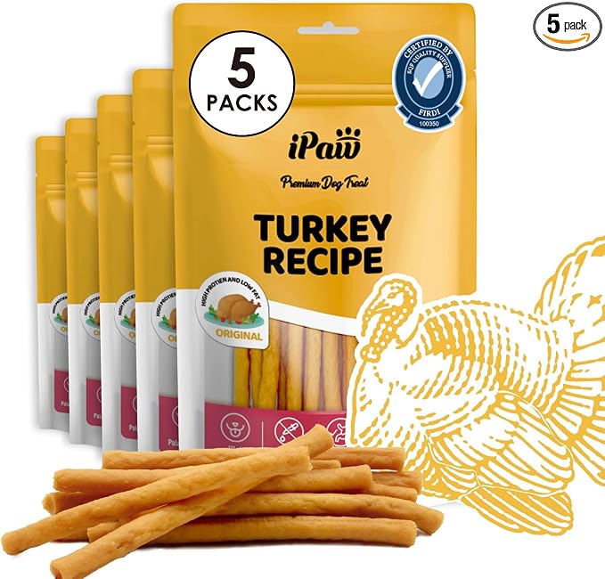 iPaw 5 Stock-Up Combo Turkey Dog Treats, SQF Certified Human Grade Dog Treat, Suitable for Training Chew, Hypoallergenic, Rawhide Alternative, Thin Stick (Oringinal Flavor), 5 Packs
