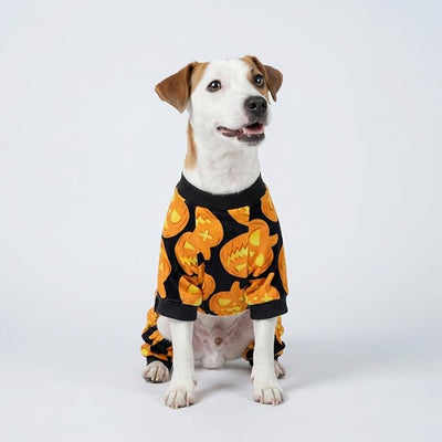 Fitwarm Halloween Pumpkin Dog Pajamas, Funny Dog Winter Clothes for Small Dogs Girl Boy, Pet Jumpsuit, Cat Halloween Costumes with Feet, Lightweight Velvet, Black, Orange, XL