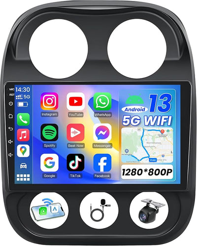 [8core] Car Radio Stereo for Jeep Patriot Compass 2010-2016: 10in 1280 * 800 IPS HD Touch Screen Replacement with Wireless CarPlay Android Auto GPS SWC Bluetooth WiFi FM AM Backup Camera