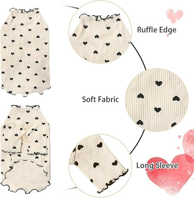 Pet Clothes for Small Dogs Cat Summer Fall Heart Print Shirt Stretchable Ruffle Long Sleeve Outfits for Chihuahua Schnauzer Shih Tzu Yorkie (Coffee, Large)