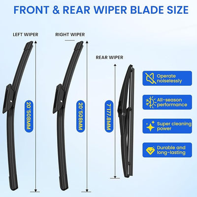 ANIKLUIM® Wiper Blades for 2018-2014 Smart Fortwo Front Windshield Wipers,20 Inch+20 Inch+7 Inch,Durable and Quiet (Pack of 3)