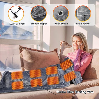 USB Heated Blanket Electric Throw, 59" x 31" Electric Heated Shawl Poncho Wrap Blanket with Zipper, Soft Cozy Flannel Gift Wearable Blanket for Car Office Home Travel