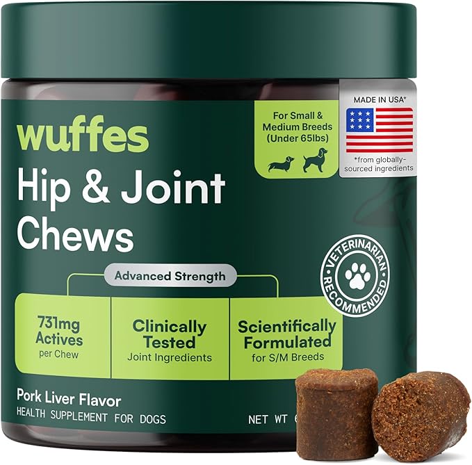 Advanced Dog Hip and Joint Supplement with Glucosamine, Chondroitin, Omega 3, MSM, and Green Lipped Mussel, 60 Pork Flavored Chews for Small and Medium Dog Breeds