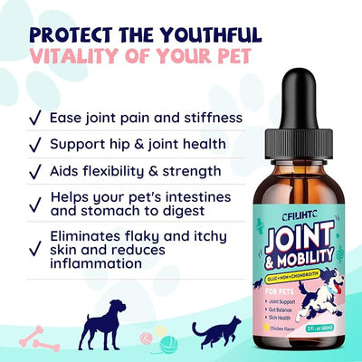 Joint Drops for Dogs with Glucosamine, Chondroitin, MSM & Omega-3 – Pets Liquid Joint Supplement for Dogs & Cats – Hip, Joint, Mobility, Skin & Coat Support – Chicken Flavor 2 Fl Oz