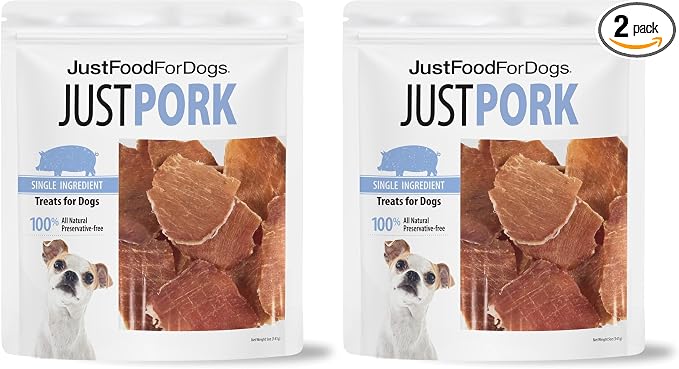 JustFoodForDogs Ingredient Healthy Dog Treats and Dog Snacks,Jerky Treats,Human Grade,Preservative and Grain Free,Rawhide Free Chews,Low Calorie Treat - Pork,5 oz,(Pack of 2)