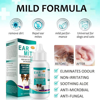 Ear Mite Treatment for Dogs and Cats, Dog Ear Infection Treatment, Cat Ear Mite Treatment, Ear Mite Drops Sooths Ears with Aloe, Natural Ear Drops for Dogs, 0.75 Fl Oz