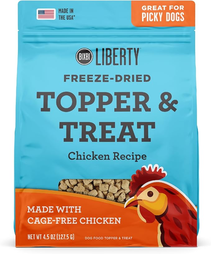 BIXBI Liberty Freeze Dried Dog Food Topper + Dog Treat, Chicken Recipe, 4.5 oz - 98% Meat and Organs - Pantry-Friendly Raw Treat or Food Topper - USA Made