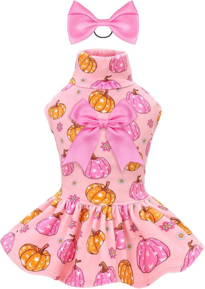 CuteBone Turtleneck Dog Velvet Dress Halloween Puppy Skirt Costume Pet Clothes Cat Apparel with Bow Hair Rope for Small Dogs CVD23XS