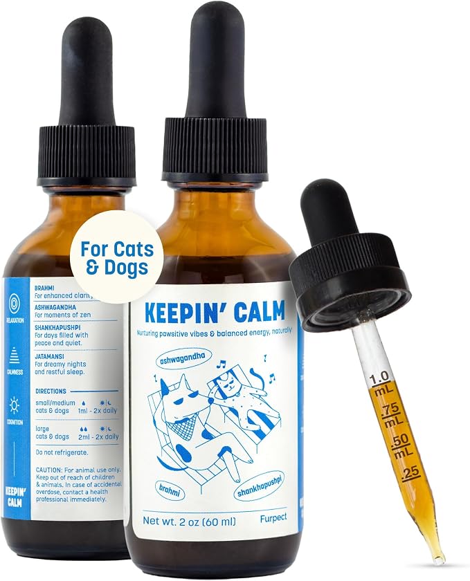 Keepin' Calm Ashwagandha Drops for Dogs & Cats - Calming Aid for Fireworks, Storms, Travel & Separation - Herbal Stress Relief, Non-Drowsy, 60ml
