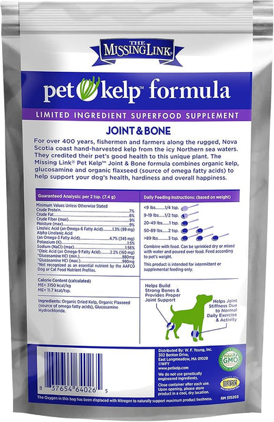 The Missing Link Pet Kelp Canine Joint & Bone 8oz Superfood Powdered Supplement, Organic & Limited Formula Supports Mobility for Adult & Senior Dogs
