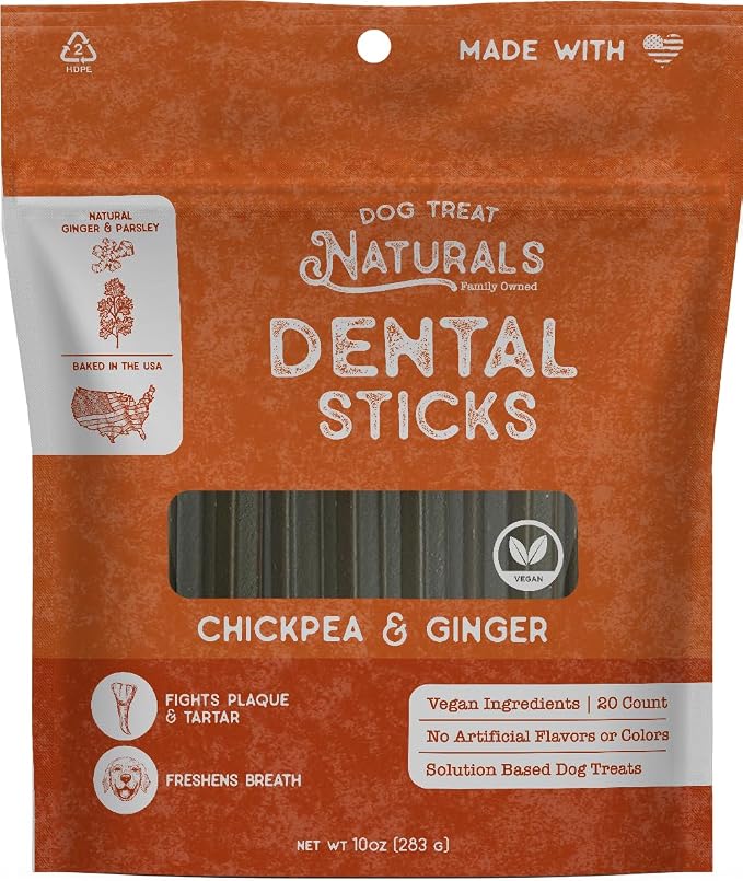 Chickpea & Ginger Dental Sticks 10oz, 20ct | Dog Dental Chew Treats for Small, Medium, Large Dogs | Freshen Breath, Fight Plaque-Tartar | Natural Teeth Cleaning Treats | USA Made