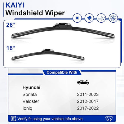 KAIYI 26" + 18" Windshield Wipers Compatible with Hyundai Sonata 2011-2023,Veloster 2012-2017,Ioniq 2017-2022 Premium Automotive Replacement Windshield Wiper Blades 2 Pack
