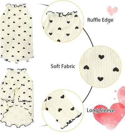 Pet Clothes for Small Dogs Cat Summer Fall Heart Print Shirt Stretchable Ruffle Long Sleeve Outfits for Chihuahua Schnauzer Shih Tzu Yorkie (Beige, Small)