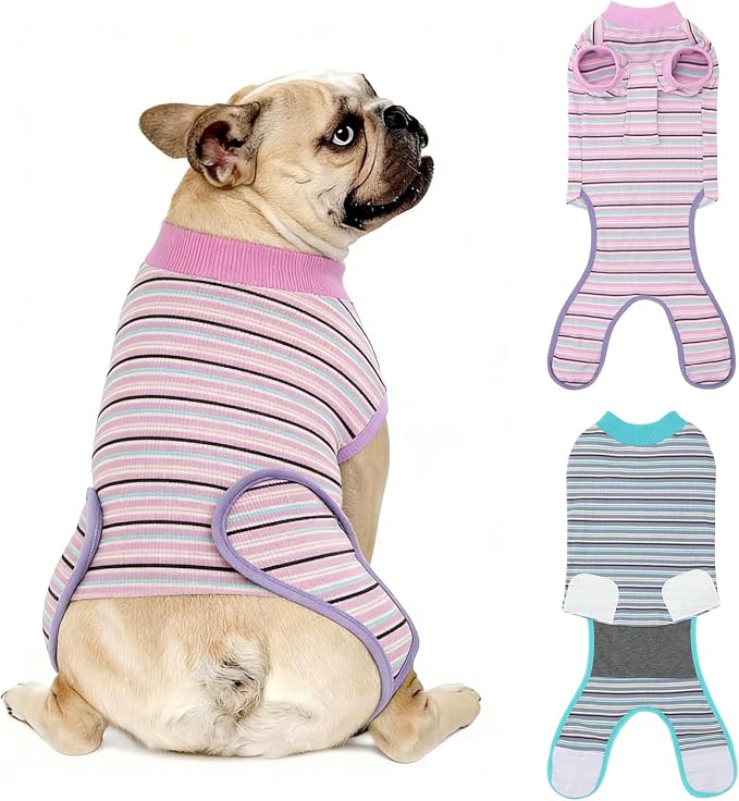 2 Packs Breathable Cotton Dog Recovery Suit for After Neuter Spay Abdominal Wounds Protector, Professional Anti-Licking Onesies for Male Female Pets Surgery Bandages, S Textured Bule Purple