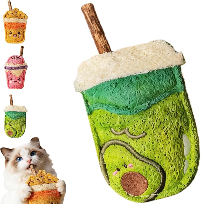 Natural Loofah Chew Cat Toys Janpanese Style, Dental Care Silvervine Sticks for Indoor Cats and Kittens, Milk Tea Cup-Shaped Catnip Treat Toys (Green)