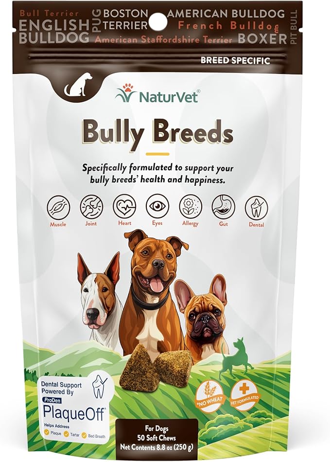 Bulldog Breed Supplement- for Joint Support, Digestion, Skin, Coat Care- Dog Multivitamins with Minerals, Omega-3, PlaqueOff- Wheat-Free Vitamins for Dogs- Bully Breeds- 50 Soft Chews