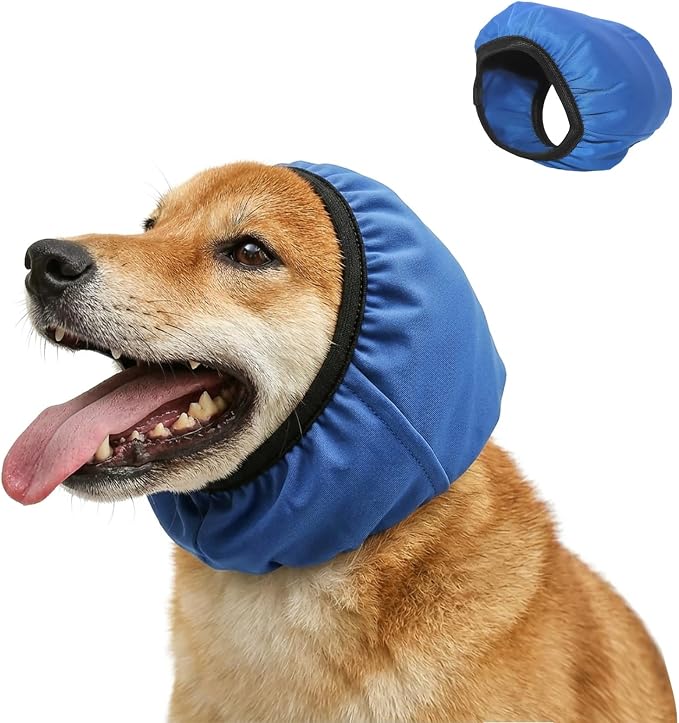 Adhiper Waterproof Dog Ear Muffs & No Shake Ear Wraps for Swim, Bath, Drying, Grooming, Dog Ear-Covers for Sound Noise Protection & Anxiety Relief - Head Circle 11.8-15.8in（Blue/M）