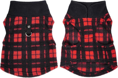 Rbenxia 1 PC Plaid Dog Sweaters with Leash Ring Soft Fleece Vest Dogs Pullover Warm Jacket Pet Dogs Clothes Winter Dog Outfits for Small Puppy Cat Pets (Black and Red, Large)