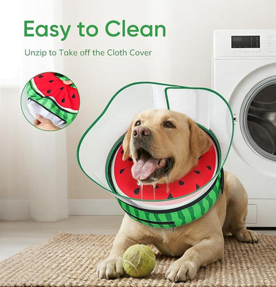 Raised Inflatable Dog Cone After Surgery - Adjustable Recovery Donut Collar with Neck Strap and Removable Anti-Licking Shield - Soft Dog Cone Alternative for Small to Large Dogs (Watermelon,L)