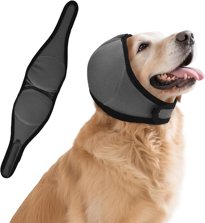 Dog Ear Covers for Bath, Dog Ear Muffs Noise Protection, Elastic Waterproof Ear Protector with Calming Hoodie Design for Fireworks, Vet Visits, Grooming (Gray, Medium)
