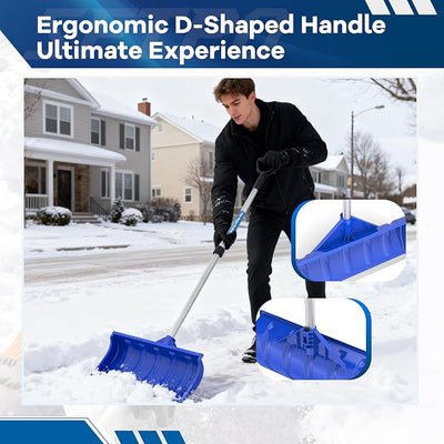 Snow Pusher Shovel for Driveway Car Garage, 24 Inch Snow Removal Plow with D-Grip Handle Aluminum Strip, Ergonomic Heavy Duty Wide Snow Shovel for Home Outdoor, Blue(24")