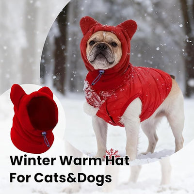 Dog Snood Winter Hood with Ear Protection, Fleece Neck Warmer for Dogs, (Red, Small)