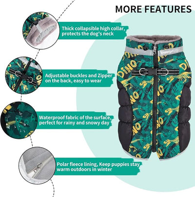 CuteBone Dinosaur Dog Winter Coat with Harness, Reflective Warm Jacket for Cold Weather, Snowsuit for Medium Large Dogs YRFN03XXL