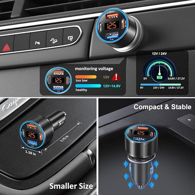 USB C Car Charger, 4-Port 65W Dual 12V USB-A & USB-C Car Phone Charger with Voltmeter PD/QC 3.0 Fast Charging Cigarette Lighter Adapter for iPhone 16e 15 14 13 12 11 Pro Max,Samsung, Android(Black)