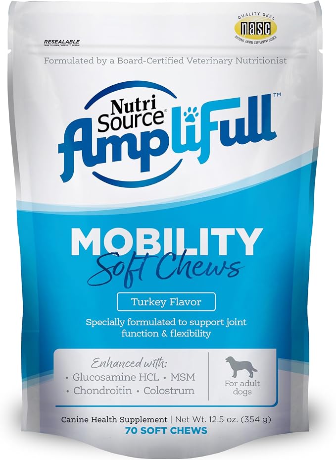 AmpliFull Turkey Flavor Mobility Soft Chews for Dogs, Daily Joint Health Supplement with Glucosamine & Chondroitin for Flexibility & Comfort, 70 Chews (1 Pack)