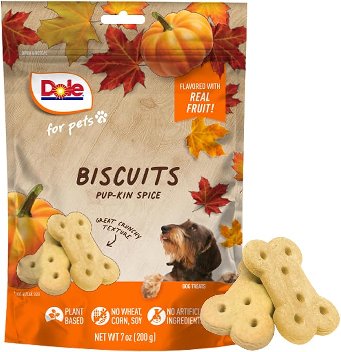 Dole for Pets Dog Biscuits Pup-kin Spice Pumpkin Fall Flavor Real Vegetable Flavor Vegan Crunchy Treats No Wheat Corn Soy No Artificial Additives Bite Size Training Snacks 7 OZ Single Bag Single