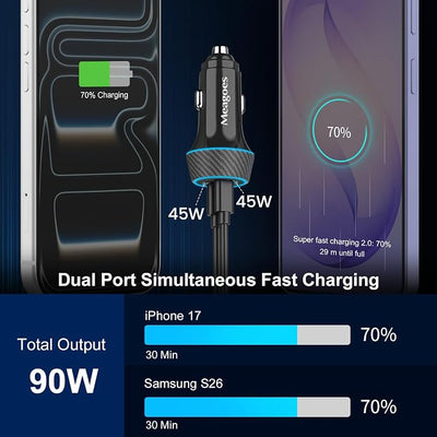 2 Pack 90W USB C Car Charger Super Fast Charging for iPhone 17 Pro Max/Air/16/15/iPad, Samsung S26 Android Phone, Dual 45W PD Port Auto Accessories, 12V Cigarette Lighter Adapter + 6.6 ft Type C Cord