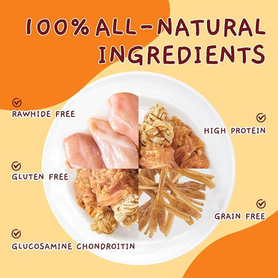 Jungle Calling Long Lasting Dog Chews for Medium Large Dogs, Chicken Wrapped Beef Tendon Braid Bones - Rawhide-Free Hip and Joint Support Treats with Glucosamine