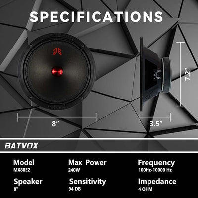 MX80P1 Loudspeaker 8 Inch Midrange 480 Watts 4 Ohms Red Dust Cap, Premium Quality Audio Door Speakers for Car or Truck Stereo Sound System, Black (2 Speakers)