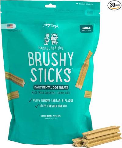 iHeartDogs Brushy Sticks - Dental Treats for Dogs Removes Plaque and Tartar Buildup - Grain-Free Dog Teeth Cleaning Chews Made with Chicken - 30 Large Sticks