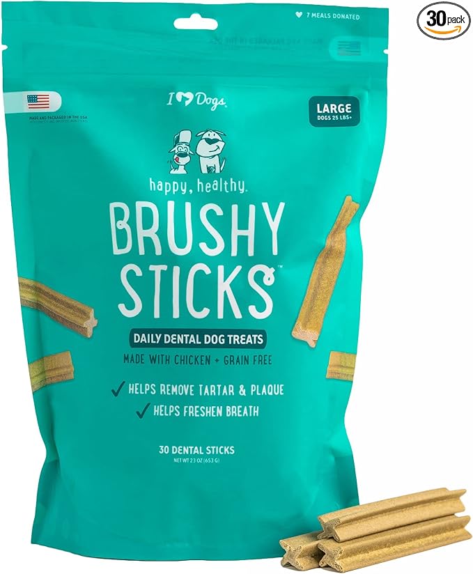 Brushy Sticks - Dental Treats for Dogs Removes Plaque and Tartar Buildup - Grain-Free Dog Teeth Cleaning Chews Made with Chicken - 30 Large Sticks