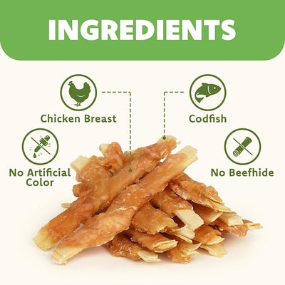 MON2SUN Dog Training Treats, Chicken Wrapped Cod Fillet, 4 Inch Soft Rawhide-Free & Dental Chews for Small Dogs, 20oz (56 Count-Pack of 1)